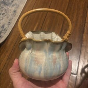 Janet Rodriguez Pottery Glazed Basket w/Bamboo Handle